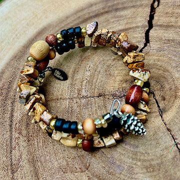 Natural Brown Jasper & Wood Bracelet - Pinecone - One Size Fits All