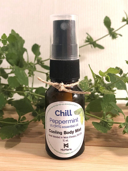 chill peppermint cooling spray in small brown bottle with mist top.