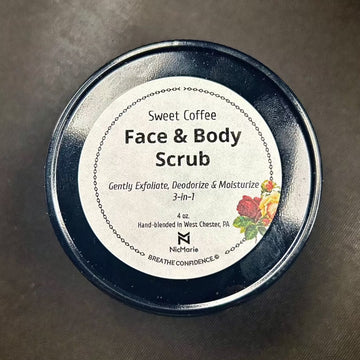 NicMarie Design Sweet + Sexy Coffee Scrub for Face and body with rose, lavender, arnica flower petals